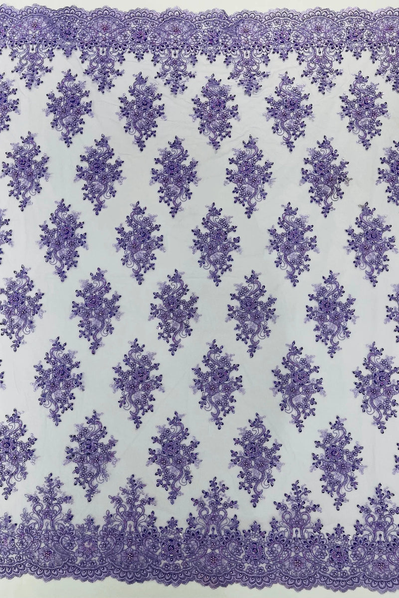 Isabela Design - Lilac - Embroidery Beaded Fabric With Sequin on a Mesh Fabric by the yard