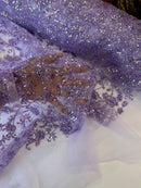 Floral Plant Bead Design - Lilac - Beaded Flower Plants Embroidered  Sequins Fabric By Yard