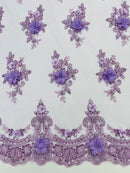 3D Floral Sequins Design - Lilac - Embroidered Floral Lace Fabric With Sequins / Pearls By Yard