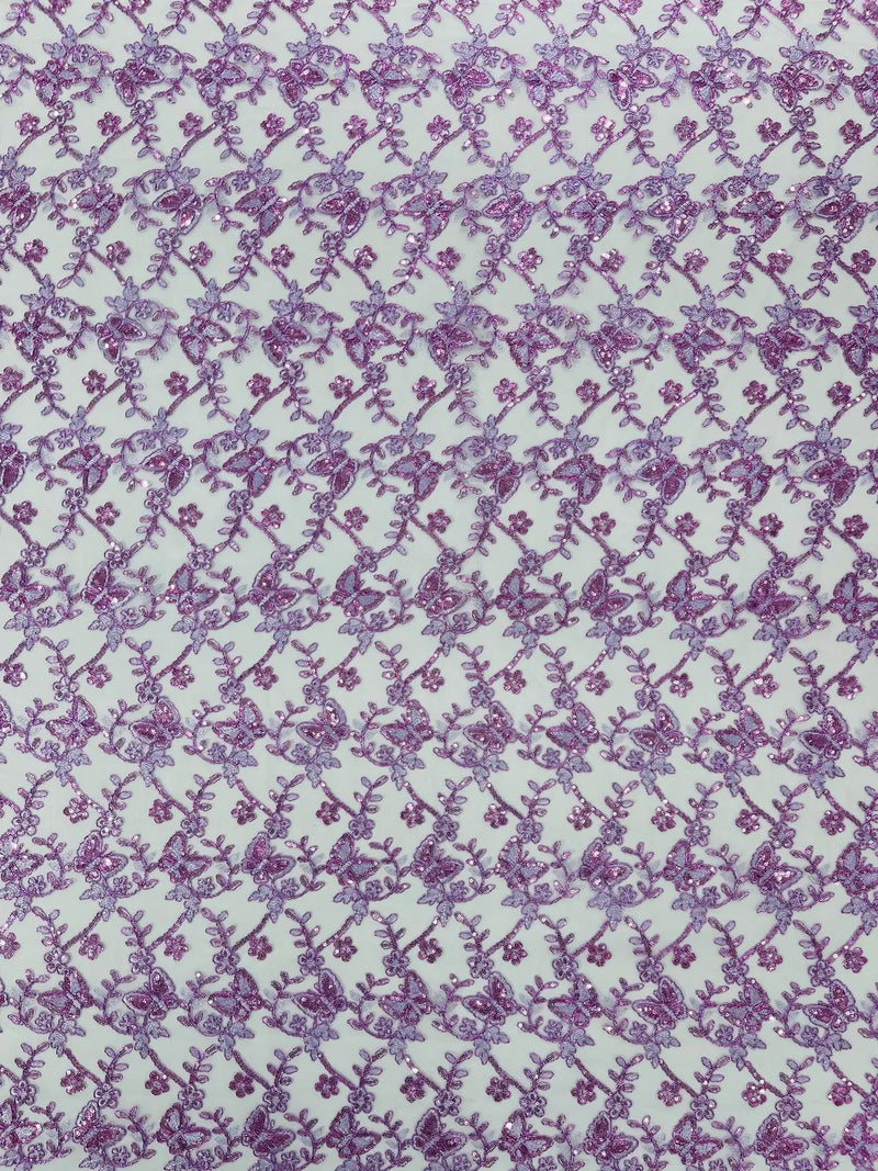 Metallic Floral Butterfly Fabric - Lilac - Embroidered Floral Butterfly Design Mesh Fabric by Yard