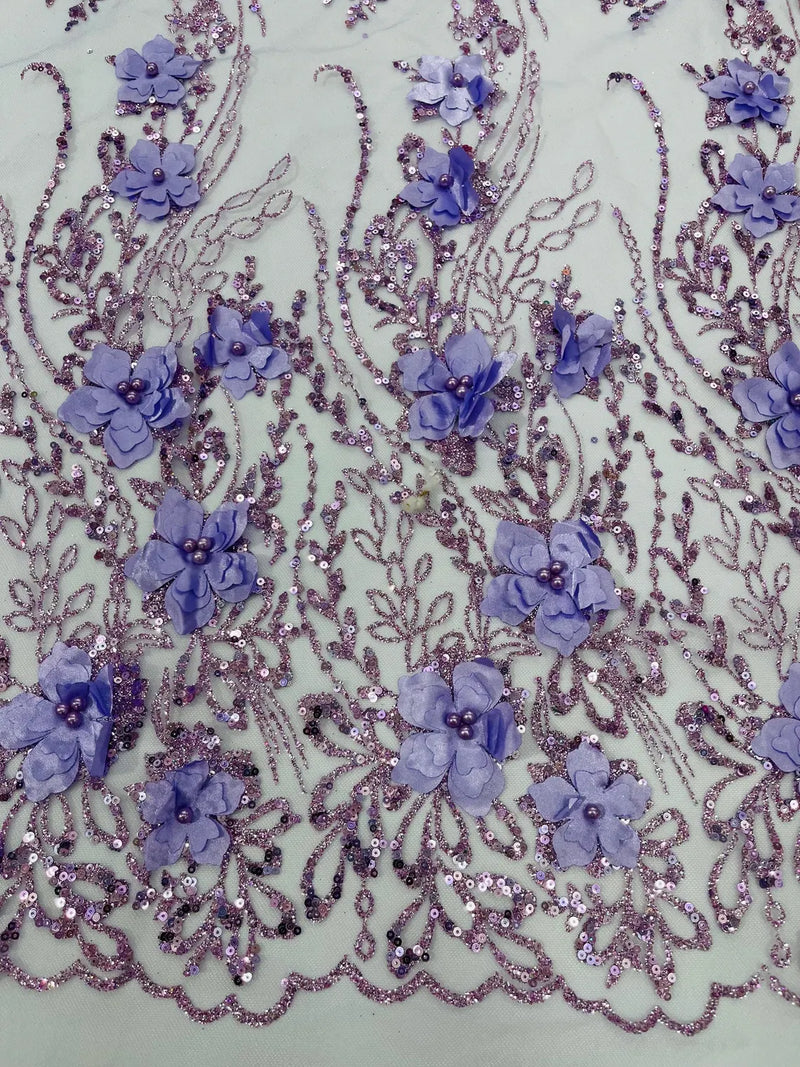 Flower 3D Glitter Fabric - Lilac - Embroidered Floral Sequins Design Fabric by Yard