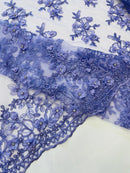 3D Floral Fabric - Lilac - Embroidered Flower with Rhinestone and Sequins Fabric Sold By Yard