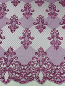 King Damask Lace Fabric - Lilac - Corded Embroidery with Sequins on Mesh Lace Fabric By Yard