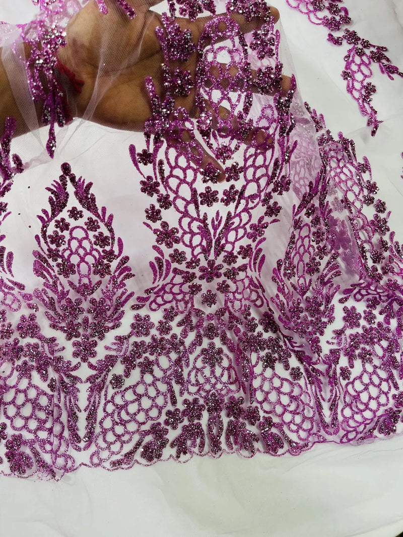 Fancy Rhinestone Glitter Fabric - Lilac - Embroidered Damask Design Glitter Mesh Fabric by Yard