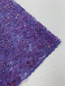 Butterflies Swirl Design - Lilac -  Metallic Sequins Butterflies on Lace Fabric By Yard