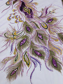 Peacock Feathers Design Lace - Lilac - Embroidered Multi-Color Peacock Lace Fabric Sold by Panel