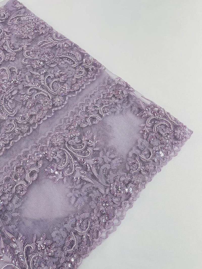 My Lady Beaded Fabric - Lilac - Damask Beaded Sequins Embroidered Fabric By Yard