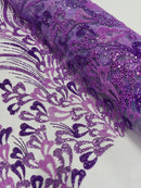 Wavy Lines Leaf Bead Fabric - Lilac - Embroidered Leaf Beaded Mesh By Yard