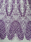 Beaded Embroidered Fabric - Lilac - Embroidered Heart and Feather Pattern Fabric Sold By Yard
