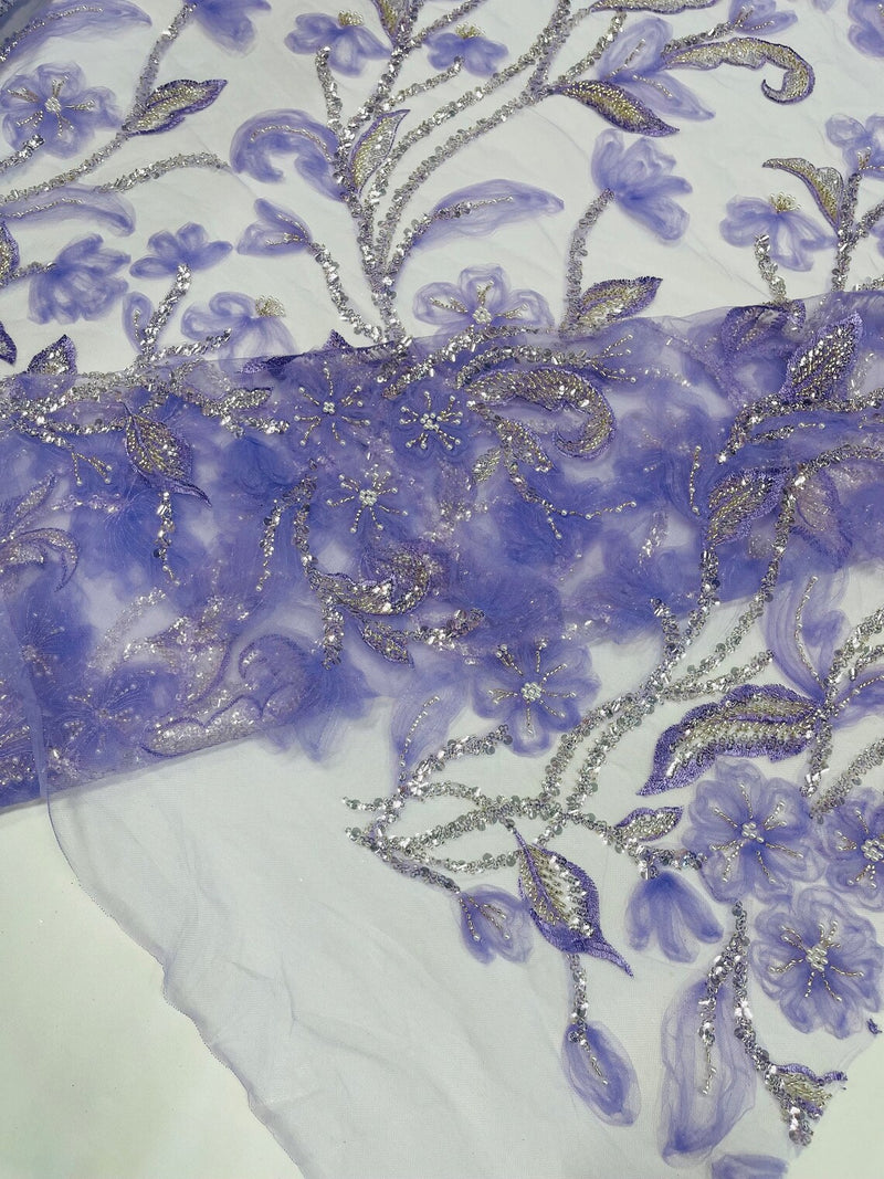 3D Tulle Mesh Flower Fabric - Lilac - Beaded Mesh Flower Plant Design Sold By Yard