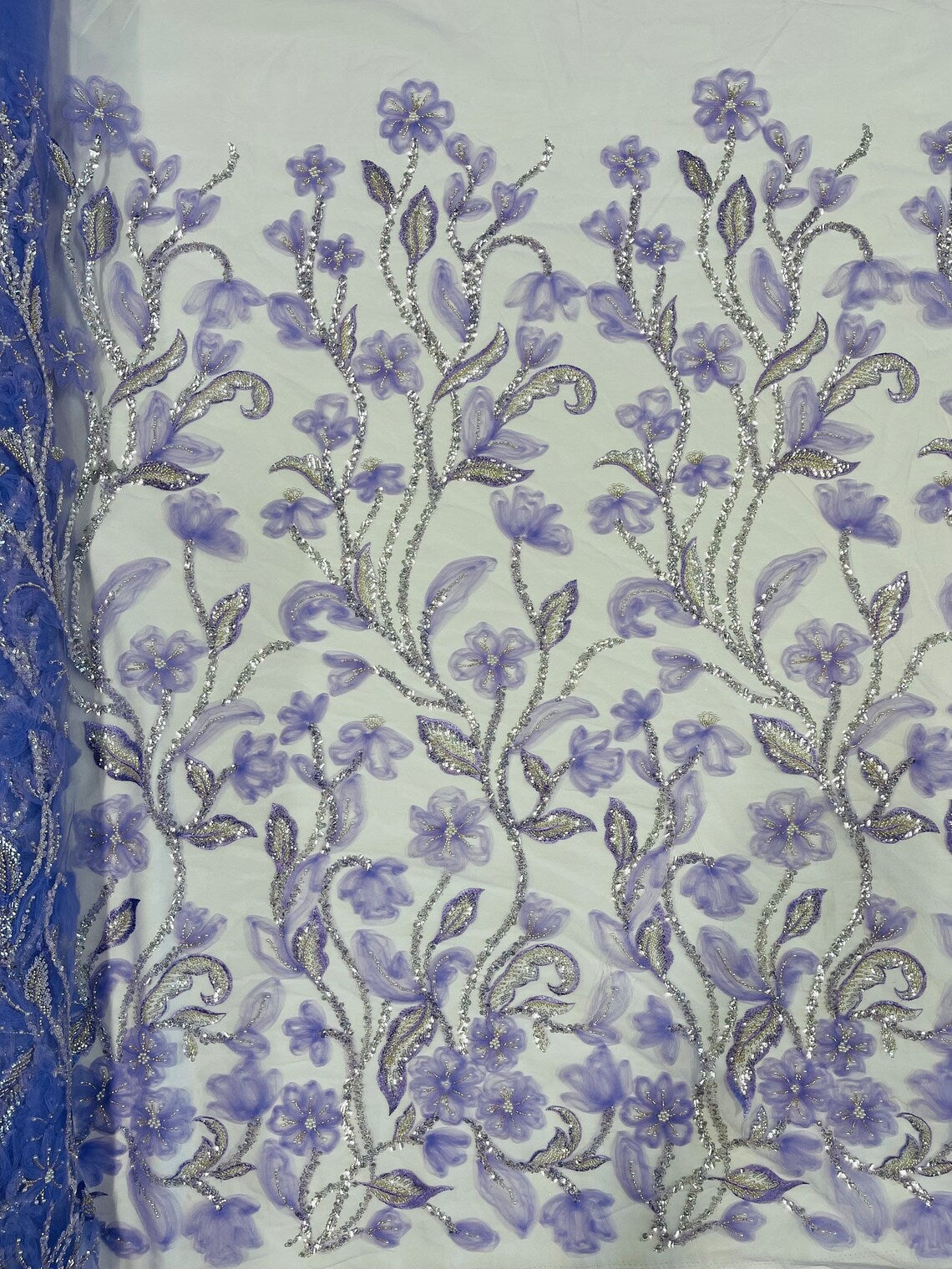 3D Tulle Mesh Flower Fabric - Lilac - Beaded Mesh Flower Plant Design