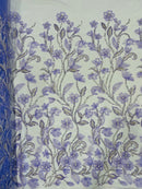 3D Tulle Mesh Flower Fabric - Lilac - Beaded Mesh Flower Plant Design Sold By Yard