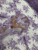 3D Flower Pearl Design - Lilac - Embroidered Sequins Floral Clusters Lace Fabric By Yard