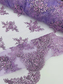 Floral Damask Bead Fabric - Lilac - Embroidered Floral Clusters with Beads / Sequins by Yard