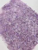 3D Rhinestone Flower Design - Lilac - Flower Sequins  Embroidered Lace Fabric By Yard
