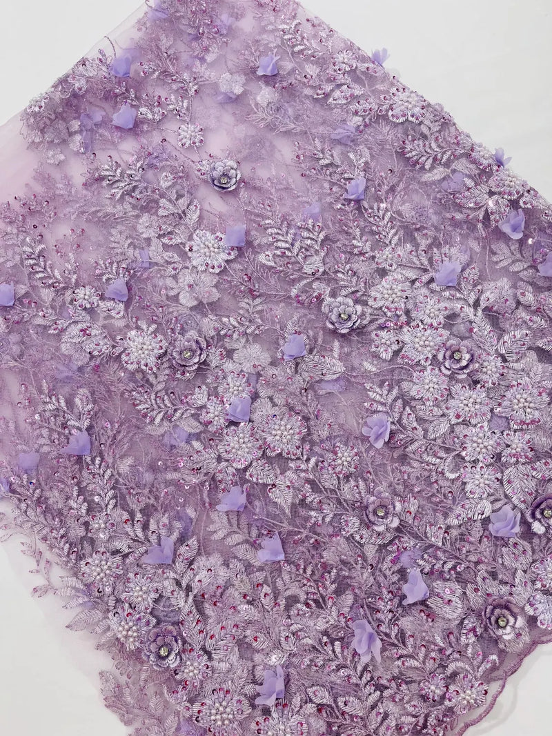 3D Rhinestone Flower Design - Lilac - Flower Sequins  Embroidered Lace Fabric By Yard