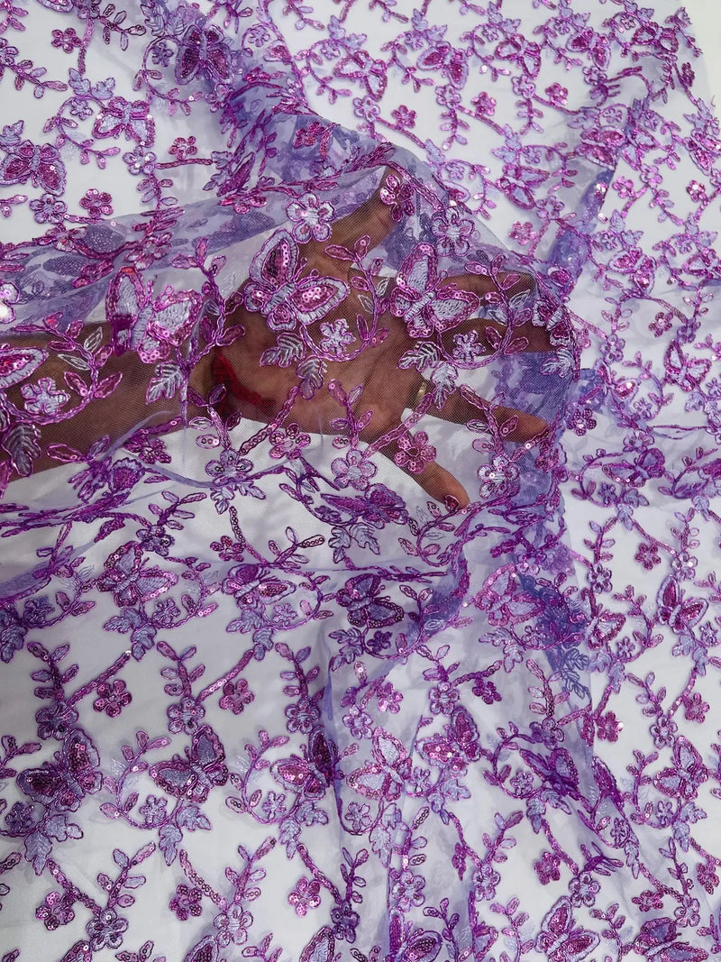 Metallic Floral Butterfly Fabric - Lilac - Embroidered Floral Butterfly Design Mesh Fabric by Yard