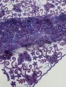 Butterflies Swirl Design - Lilac -  Metallic Sequins Butterflies on Lace Fabric By Yard
