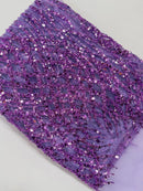 Beaded Embroidered Fabric - Lilac - Embroidered Heart and Feather Pattern Fabric Sold By Yard