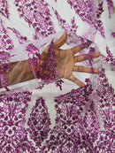 Fancy Rhinestone Glitter Fabric - Lilac - Embroidered Damask Design Glitter Mesh Fabric by Yard