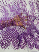 Beaded Embroidered Fabric - Lilac - Embroidered Heart and Feather Pattern Fabric Sold By Yard