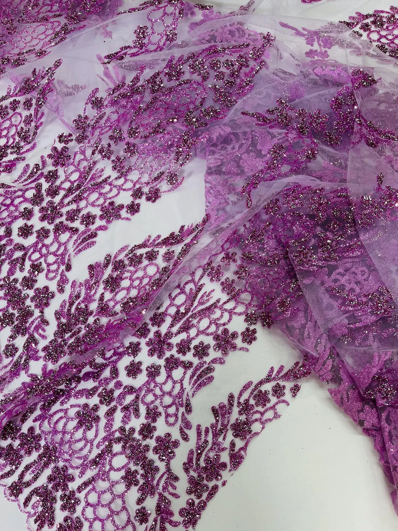 Fancy Rhinestone Glitter Fabric - Lilac - Embroidered Damask Design Glitter Mesh Fabric by Yard