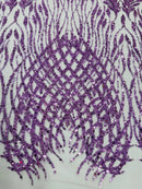 Beaded Embroidered Fabric - Lilac - Embroidered Heart and Feather Pattern Fabric Sold By Yard
