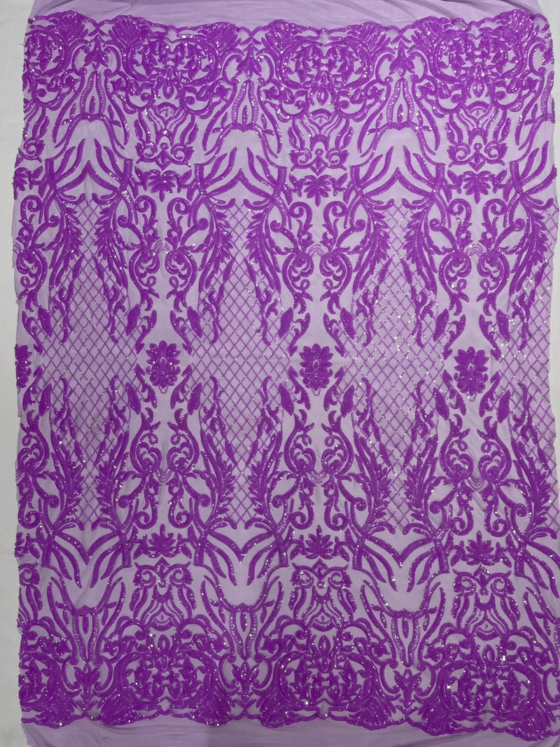 4 Way Stretch Fabric Design - Lilac Iridescent - Fancy Net Sequins Design Fabric By Yard