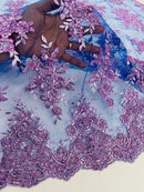 Metallic Floral Lace Fabric - Lilac on Royal Blue Mesh - Beautiful Floral Sequins on Lace Fabric By Yard