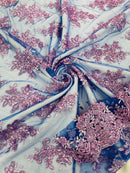 Metallic Floral Lace Fabric - Lilac on Royal Blue Mesh - Beautiful Floral Sequins on Lace Fabric By Yard