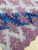 Metallic Floral Lace Fabric - Lilac on Royal Blue Mesh - Beautiful Floral Sequins on Lace Fabric By Yard
