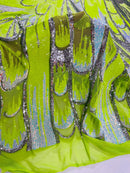 Olivia Sequins Design - Lime / Aqua / Silver - 4 Way Stretch Multi Color Sequin Fabric on Mesh Sold By Yard