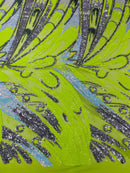 Olivia Sequins Design - Lime / Aqua / Silver - 4 Way Stretch Multi Color Sequin Fabric on Mesh Sold By Yard