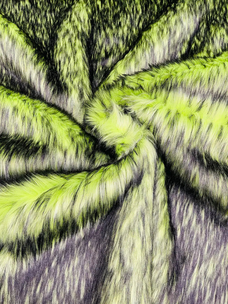 Husky Long Pile Fur Fabric - Lime Green / Black - Faux Husky Fur Fabric 2 Tone Shaggy Fur By Yard