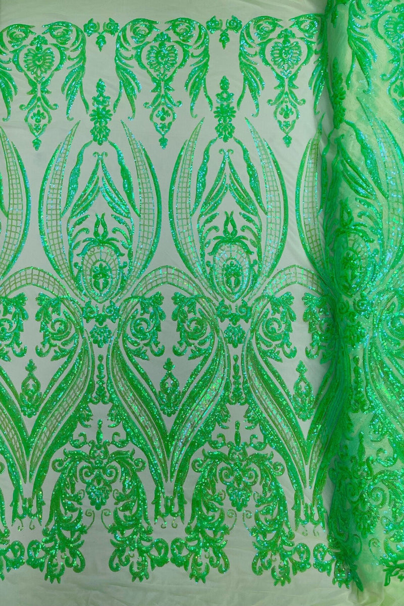 Big Damask Sequins - Lime Green Iridescent - Damask Sequin Design on 4 Way Stretch Fabric By Yard