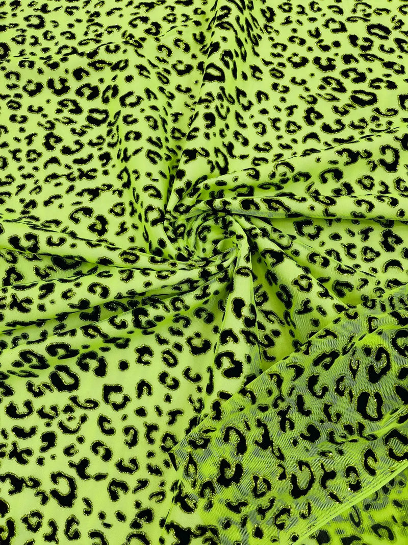 Cheetah Print Power Mesh Fabric - Lime Green - 4 Way Stretch Glitter Cheetah Design Power Mesh Fabric by Yard