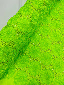 Sequins Satin Rosette Fabric - Lime Green - 3D Satin Rose Sequins Floral Fabric Sold By The Yard