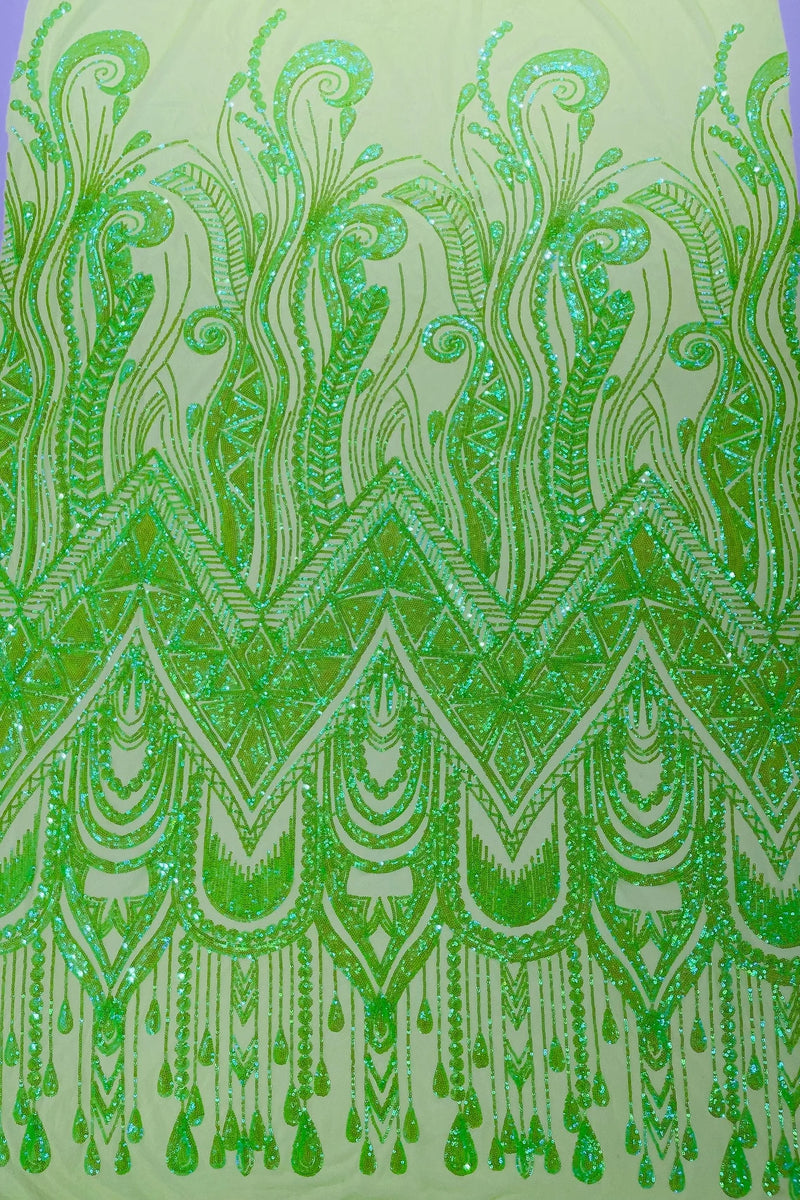 Zig Zag Tear Drop Sequins - Lime Green - Embroidered Zig Zag Sequins 4 Way Stretch By Yard