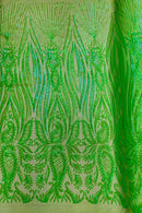Paisley Lines Sequin Fabric - Lime Green - 4 Way Stretch Fancy Fabric By The Yard