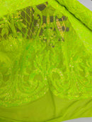 Heart Shape Sequins Fabric - Lime Green  - 4 Way Stretch Sequins Damask Fabric By Yard