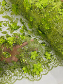 3D Glitter Floral Fabric - Lime Green - Glitter Sequin Flower Design on Lace Mesh Fabric by Yard