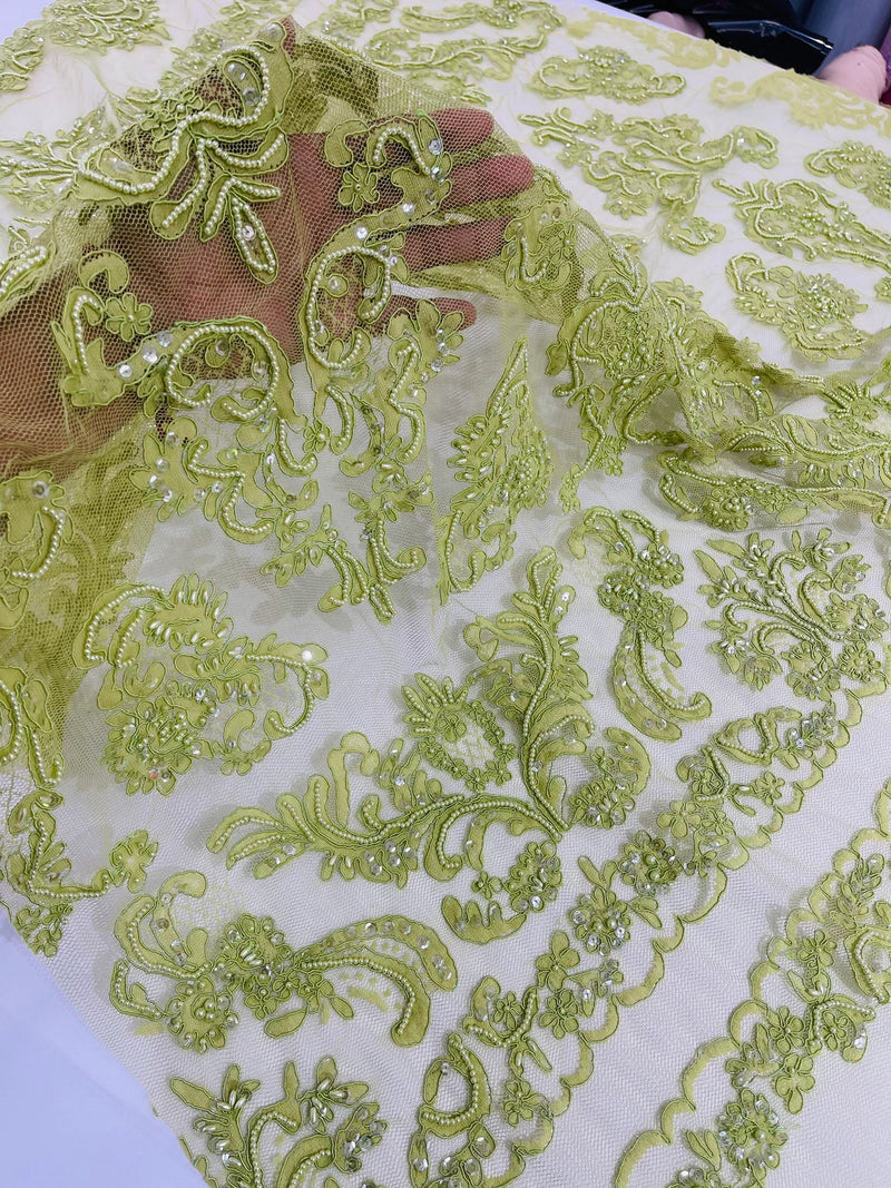 My Lady Beaded Fabric - Lime Green - Damask Beaded Sequins Embroidered Fabric By Yard