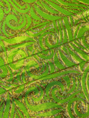 Tribal Swirl Design Spandex - Lime Green - 4 Way Stretch Milliskin Holographic Fabric by Yard