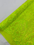 Heart Shape Sequins Fabric - Lime Green  - 4 Way Stretch Sequins Damask Fabric By Yard
