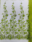 3D Glitter Floral Fabric - Lime Green - Glitter Sequin Flower Design on Lace Mesh Fabric by Yard