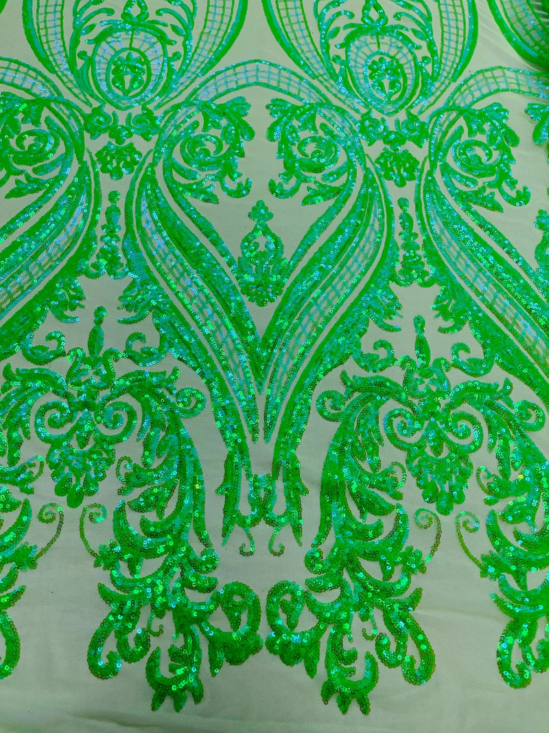 Big Damask Sequins - Lime Green Iridescent - Damask Sequin Design on 4 Way Stretch Fabric By Yard