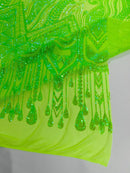 Zig Zag Tear Drop Sequins - Lime Green - Embroidered Zig Zag Sequins 4 Way Stretch By Yard