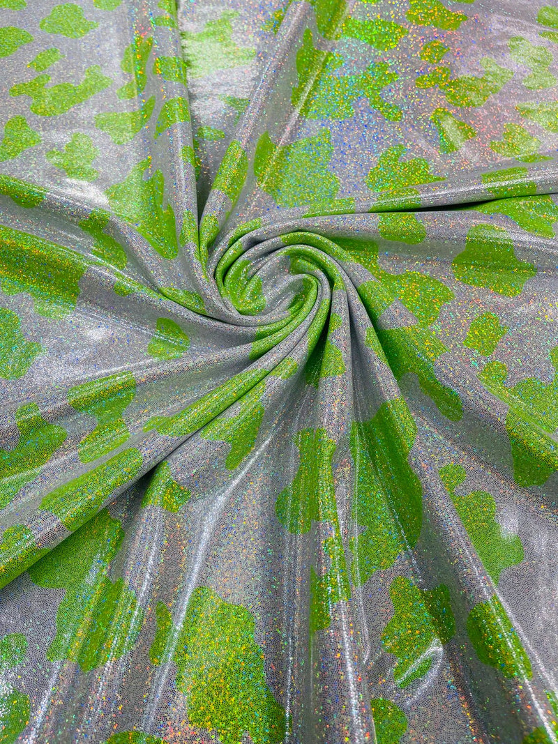 Spandex Cow Print Design - Lime Green - Holographic Print Poly Spandex Fabric 4 Way Stretch - 60” Sold By Yard
