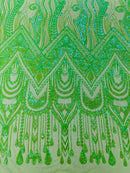 Zig Zag Tear Drop Sequins - Lime Green - Embroidered Zig Zag Sequins 4 Way Stretch By Yard