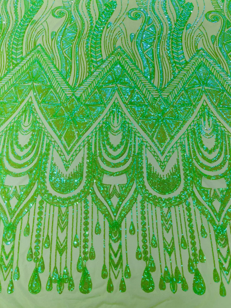 Zig Zag Tear Drop Sequins - Lime Green - Embroidered Zig Zag Sequins 4 Way Stretch By Yard